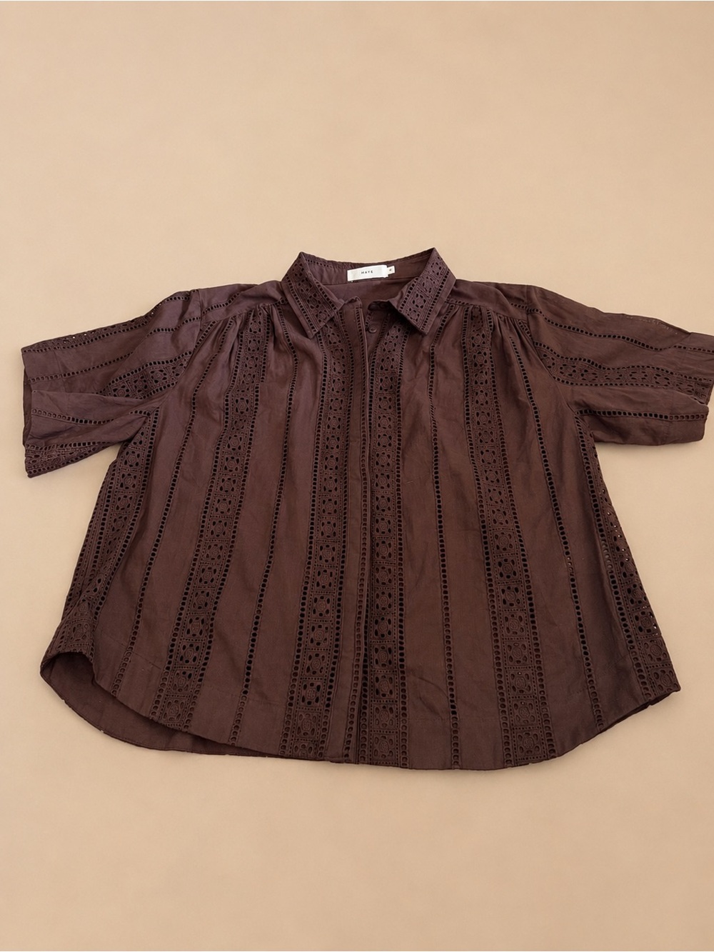 MAYE Chocolate Brown Eyelet Lace Button-Up Blouse Size M